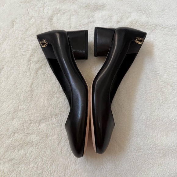 Tory Burch Elizabeth Logo Black Leather Pumps Shoes Round Toe Block Heel 6.5M - Picture 5 of 9